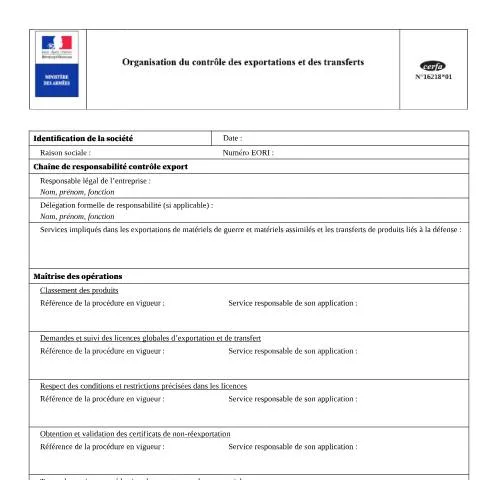 Aperçu du document Formulaire 16218*01 : maîtriser le contrôle des exportations — Démarches administratives (CERFA n°16218*01)