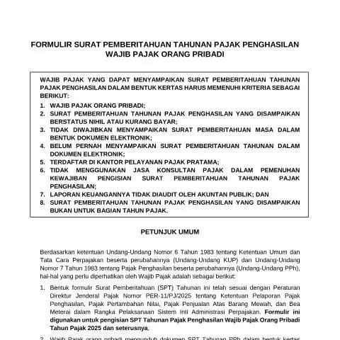 Document preview: Panduan Lengkap Mengisi Formulir SPT Tahunan 2025 — Pajak & perpajakan (CERFA n°ID-DJP-Formulir-SPT-Tahunan-Orang-Pribadi-2025)