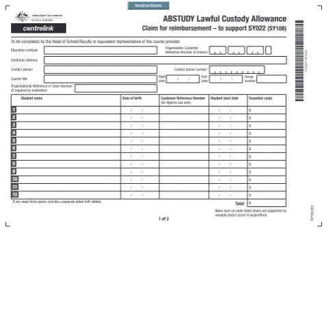 Document preview: Understanding the ABSTUDY Lawful Custody Allowance Reimbursement — Health (CERFA n°SY108)