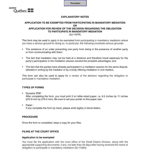 Document preview: Request Exemption from Mandatory Mediation in Quebec Small Claims — Legal & justice (SJ-1107A)