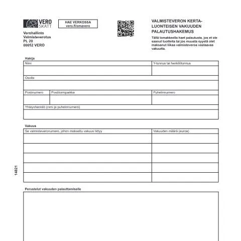 Document preview: Valmisteveron kertaluonteisen vakuuden palautushakemus (1482) — Verot & verotus (CERFA n°Vero 1482)