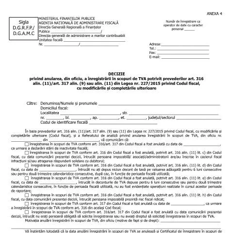 Document preview: Anularea din oficiu a înregistrării TVA în România — Impozite & fiscalitate (CERFA n°A4_OPANAF_2899_2017)