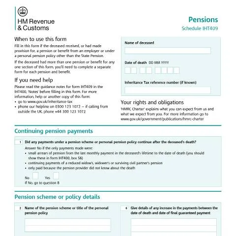 Document preview: Form IHT409: Navigating Inheritance Tax on Pension Arrangements — Taxes