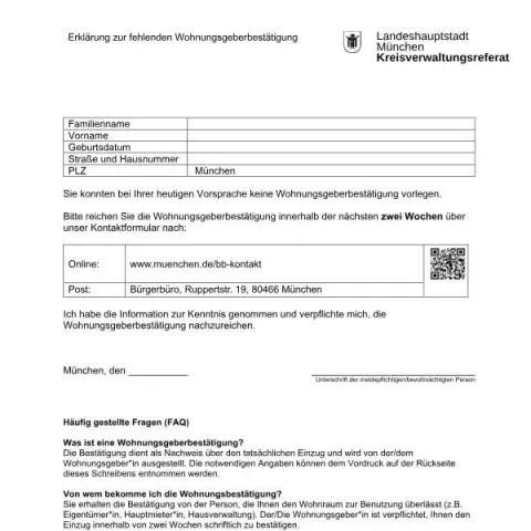 Dokumentvorschau: Erklärung zur fehlenden Wohnungsgeberbestätigung beim KVR München — Personenstand & Ausweis (erklaerung_fehlende_wgb)