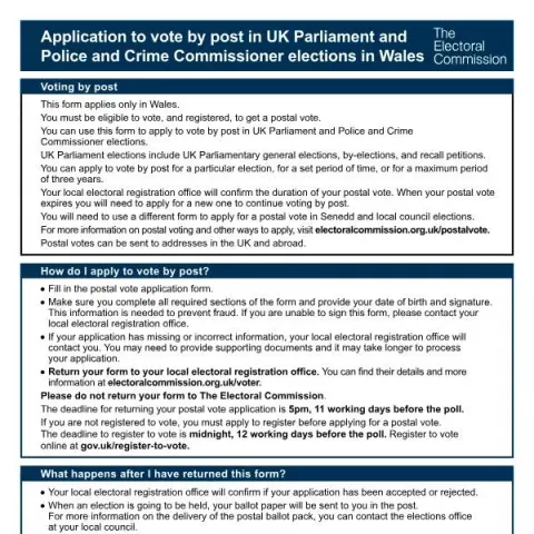 Document preview: How to Apply for Postal Voting in Welsh Elections — Government & admin (PO-W-R)