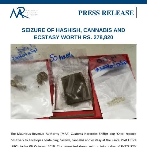 Document preview: Significant Drug Seizure in Mauritius on October 9, 2019 — Government & admin (PressRelease091019)