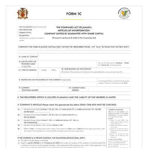 Document preview: Understanding Form 1C for Incorporating Companies in Jamaica — Government & admin (CERFA n°FORM_1C_18092023)
