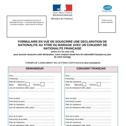 Aperçu du document Comment déclarer sa nationalité française après un mariage — État civil & identité (CERFA n°15277*04)
