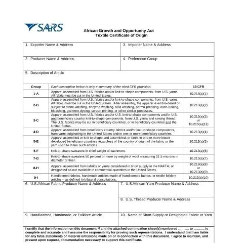 Document preview: Understanding the DA 46A1 01 AGOA Textile Certificate of Origin — Government & admin (CERFA n°DA 46A1 01)