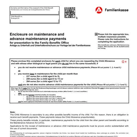 Dokumentvorschau: Unterstützung für Alleinerziehende: KiZ 5c Antrag — Familie (CERFA n°anlage-zu-unterhalt-und-unterhaltsvorschuss-kiz-5c-englisch_ba047503)