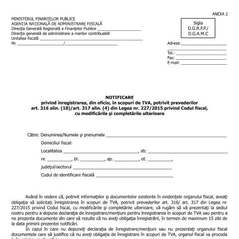 Document preview: Importanța notificării de înregistrare TVA în România — Impozite & fiscalitate (CERFA n°A2_OPANAF_2012_2016)