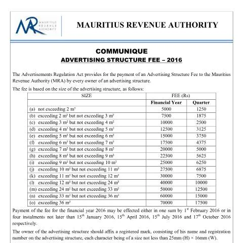Document preview: Understanding the Advertising Structure Fee - 2016 — Government & admin (AdvertisingStructureFee2016)