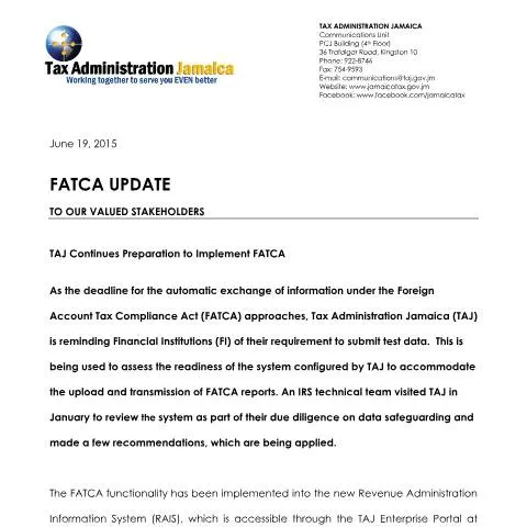 Document preview: TAJ Advances FATCA Implementation Preparation — Taxes (CERFA n°TAJ+continues+prepartion+to+implement++FATCA)