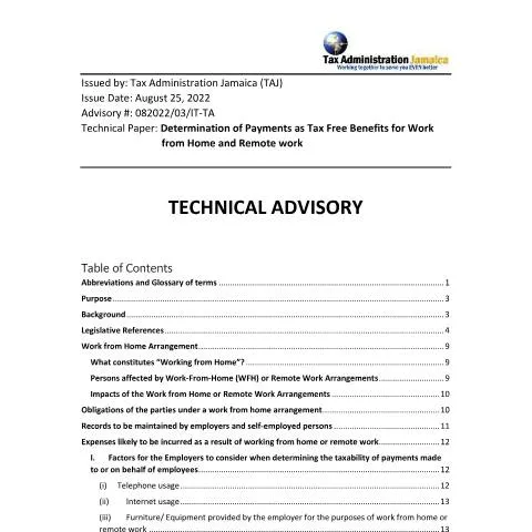 Document preview: Jamaica Technical Advisory on Tax-Free Remote Work Benefits — Taxes (CERFA n°Technical_Advisory_Work_From_Home_022023)