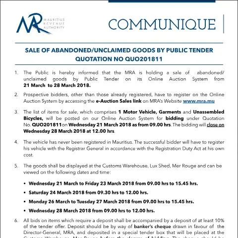 Document preview: Understanding the Sale of Abandoned Goods in Mauritius — Government & admin (CommuniqueQ11of2018)