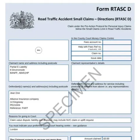 Document preview: Understanding the RTASC D Form for Small Claims in Road Traffic — Legal & justice (RTASC D)
