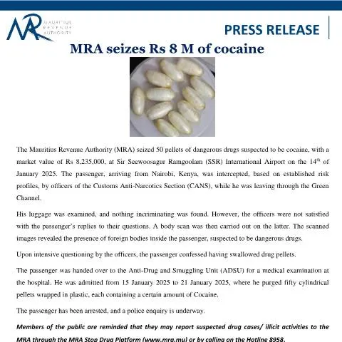 Document preview: Major Cocaine Seizure by MRA at Airport — Government & admin (PressRelease220125)