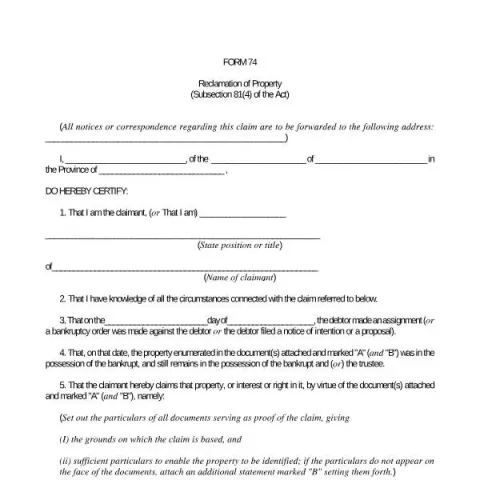 Document preview: Understanding Form 74: Reclamation of Property in Canada — Legal & justice (Form 74)