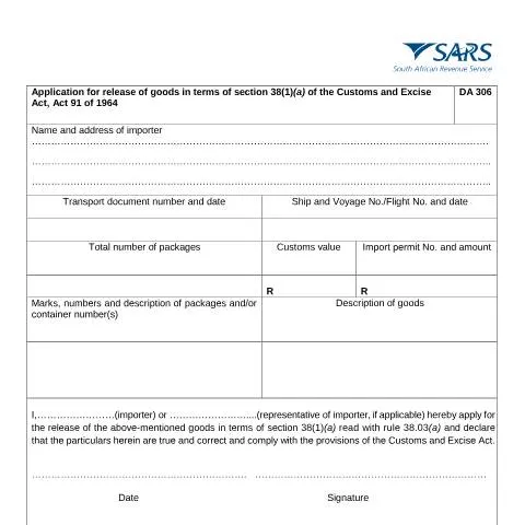 Document preview: Understanding the DA 306 Form for Goods Release in South Africa — Government & admin (CERFA n°DA 306)