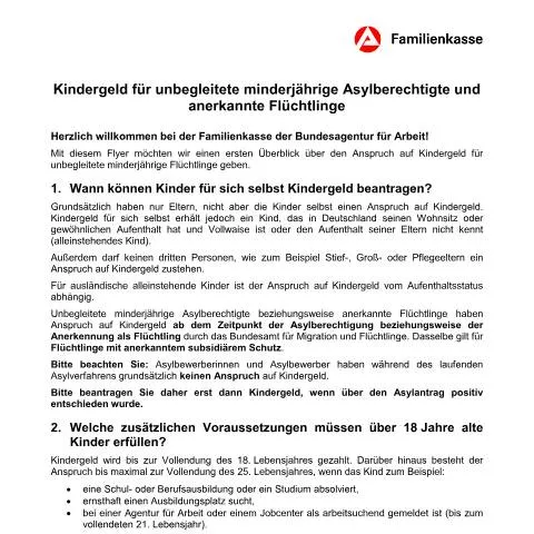 Dokumentvorschau: Antrag auf Kindergeld für unbegleitete minderjährige Flüchtlinge — Familie (CERFA n°kg-unbegleitetekinder_ba035080)