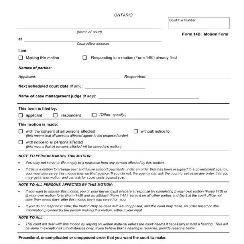 Document preview: Understanding the Ontario Courts Motion Form (Form 14B) — Legal & justice (FLR 14B)