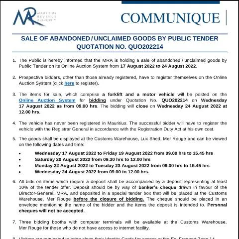 Document preview: Explore the Public Tender for Unclaimed Goods — Government & admin (CommuniqueQuo202214)