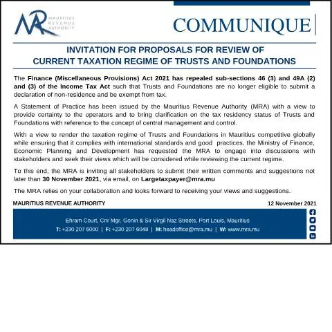 Document preview: Invitation for Proposals: Review of Trusts and Foundations Taxation in — Taxes (CERFA n°Communique121121)