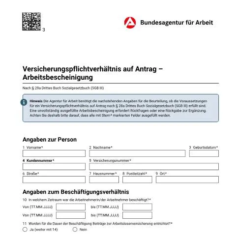 Dokumentvorschau: Leitfaden zur Beantragung eines Versicherungspflichtverhältnisses — Arbeit & Beschäftigung (CERFA n°versicherungspflichtverhaeltnis_auf_antrag_ba041275)