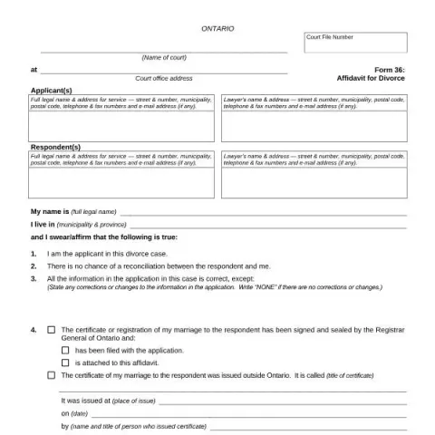 Document preview: Understanding Form 36: Affidavit for Divorce in Ontario — Legal & justice (FLR 36)