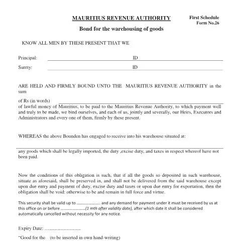 Document preview: Understanding the Bond for Warehousing of Goods in Mauritius — Government & admin (CERFA n°Form26BondforWarehousingofGoods)