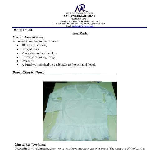 Document preview: Understanding the Kurta Classification Document in Mauritius — Government & admin (Kurta01)