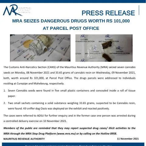 Document preview: Significant Drug Seizure by MRA at Parcel Post Office — Government & admin (DrugSeizure111121)