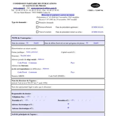 Aperçu du document Agrément d'agence de presse : procédure et avantages du statut — Démarches administratives (CERFA n°12405*06)