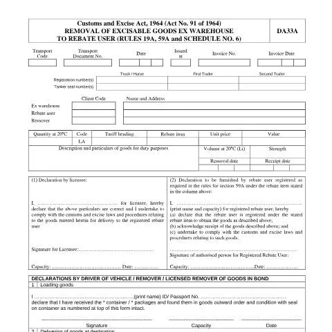 Document preview: Understanding the DA 33A Form for Excise Goods — Government & admin (CERFA n°DA 33A)