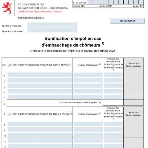 Aperçu du document Soutien fiscal pour l'embauche de chômeurs avec l'annexe 805 F — Impôts & fiscalité (CERFA n°805 F)