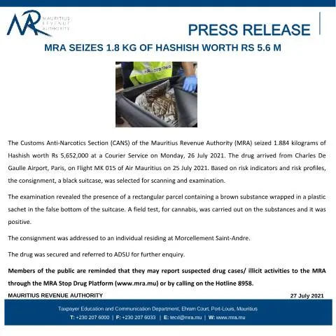 Document preview: Mauritius Revenue Authority Seizes 1.8kg Hashish in Major Narcotics — Government & admin (CommuniqueHashish270721)