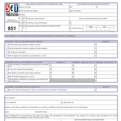 Vista previa del documento Formulario 851 Declaraciones Juradas del IVA en Paraguay — Impuestos (CERFA n°F851)
