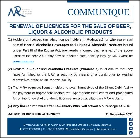 Document preview: Mauritius Liquor and Alcoholic Beverage License Renewal Notice — Government & admin (CommuniqueLiquor211221)