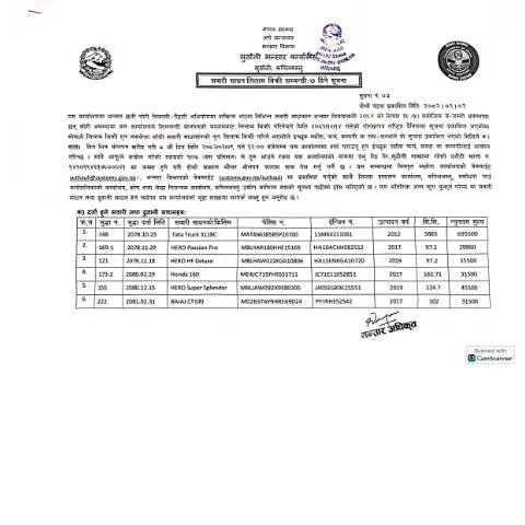 Document preview: सुठौली भन्सार कार्यालयमा सवारी साधन लिलाम प्रक्रिया — कस्टम र आयात-निर्यात (CERFA n°सुठौली भन्सार कार्यालयको सवारी साधन लिलाम विक्री सम्बन्धी सूचना २०८२ ०२ ०२ 3bmf3)