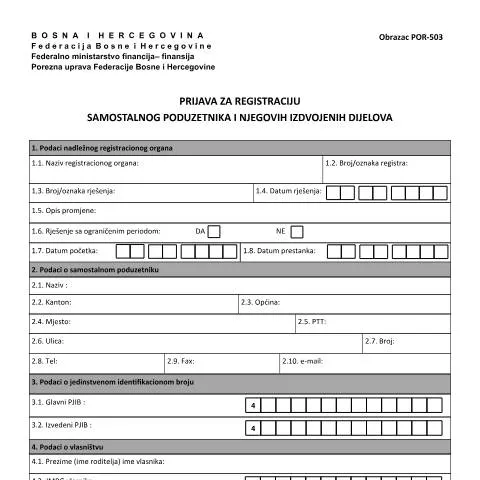 Document preview: Kako se registrirati kao samostalni poduzetnik u BiH? — Porezi i fiskalnost (CERFA n°POR-503)