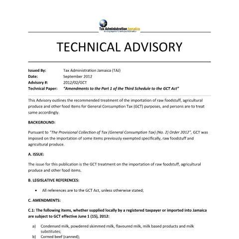 Document preview: Understanding the 2012 Amendments to Part 1 of the Third Schedule of — Taxes (CERFA n°2012.02.gct+-+amendments+to+part+1+of+the+third+schedule+to+the+gct+act)