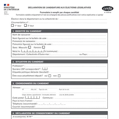 Aperçu du document Comment déclarer sa candidature aux élections législatives — Démarches administratives (CERFA n°16110*02)