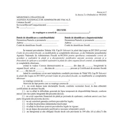 Document preview: Detalii despre respingerea cererii de eșalonare la plată — Impozite & fiscalitate (CERFA n°A3_OPANAF_90_2016)