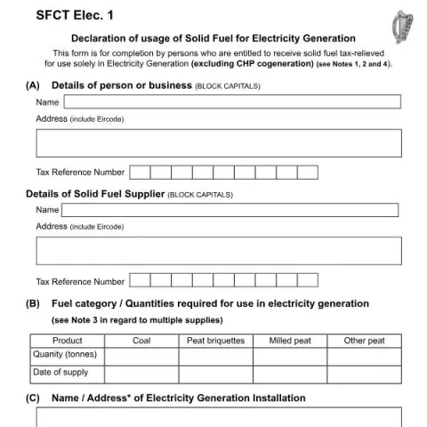 Document preview: Solid Fuel Usage Declaration for Electricity Generation — Taxes (SFCT Elec. 1)