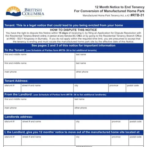 Document preview: Understanding the 12-Month Notice for Manufactured Home Park — Housing (RTB-31)