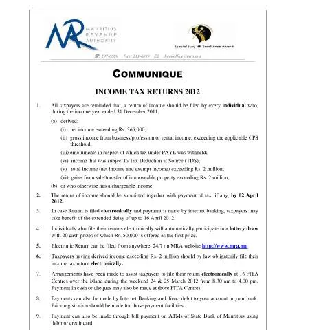 Document preview: Understanding Your Income Tax Returns for 2012 — Taxes (CERFA n°CommuniqueFilingofIncomeTAxReturn2012)