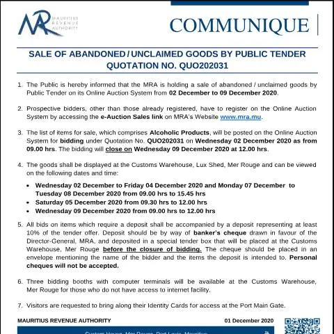 Document preview: Public Tender for Sale of Abandoned and Unclaimed Goods in Mauritius — Government & admin (CommuniqueQ202031)