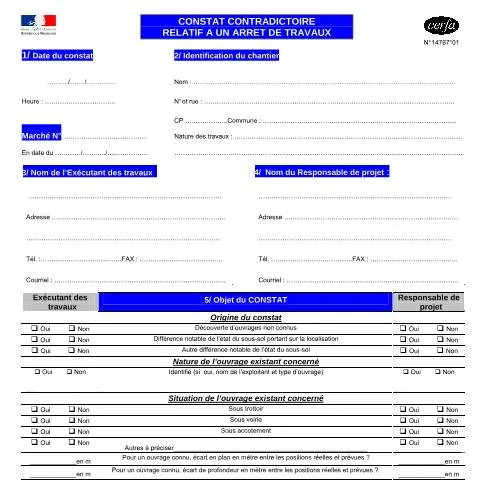 Aperçu du document Procédure officielle du constat d'arrêt de travaux en France — Démarches administratives (CERFA n°14767*01)
