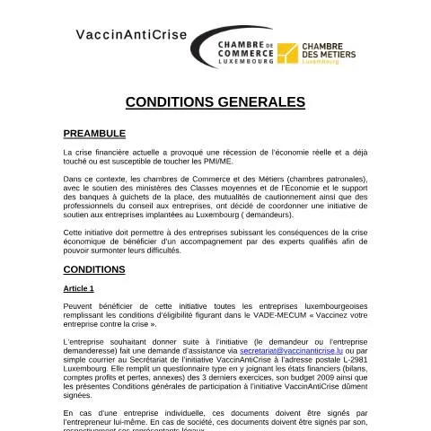 Aperçu du document Conditions générales du VaccinAntiCrise pour les entreprises — Santé (CERFA n°vaccin-anticrise-conditions-generales)