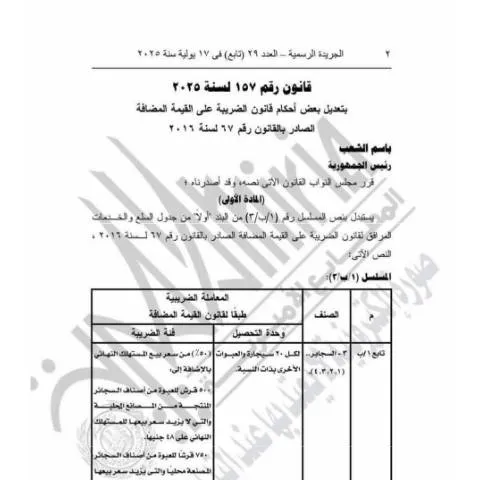 Document preview: نظرة عامة على قانون الضريبة على القيمة المضافة رقم 157 لسنة 2025 في — الضرائب والمالية (CERFA n°vat-law_no.157.of_.2025)